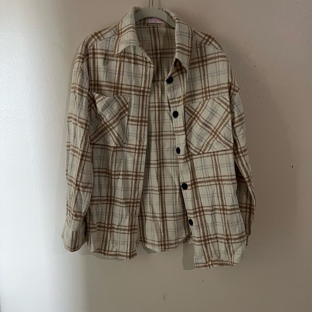 Pink Lily Cream and Brown Plaid Shirt Jacket